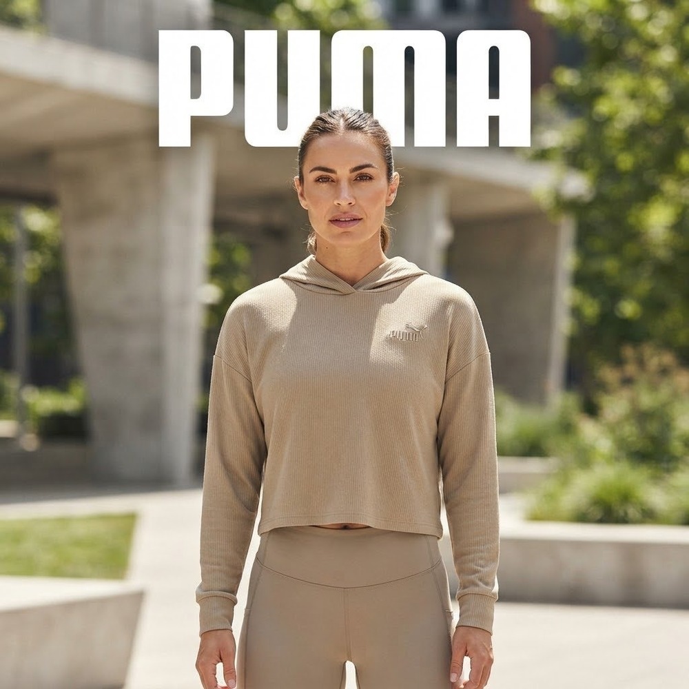 Puma Womens Ribbed Knit Cropped Hoodie Tan Beige Long Sleeve Pullover Large EUC